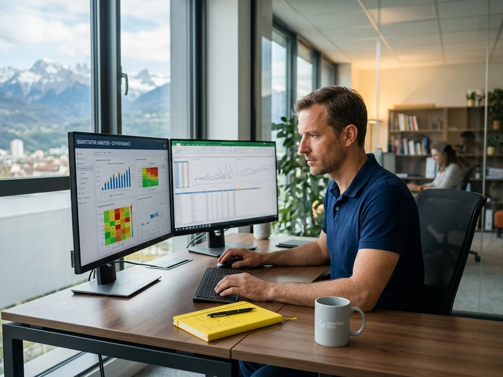 Consultant SEO analysant des graphiques de performance sur double écran face aux montagnes de Grenoble.