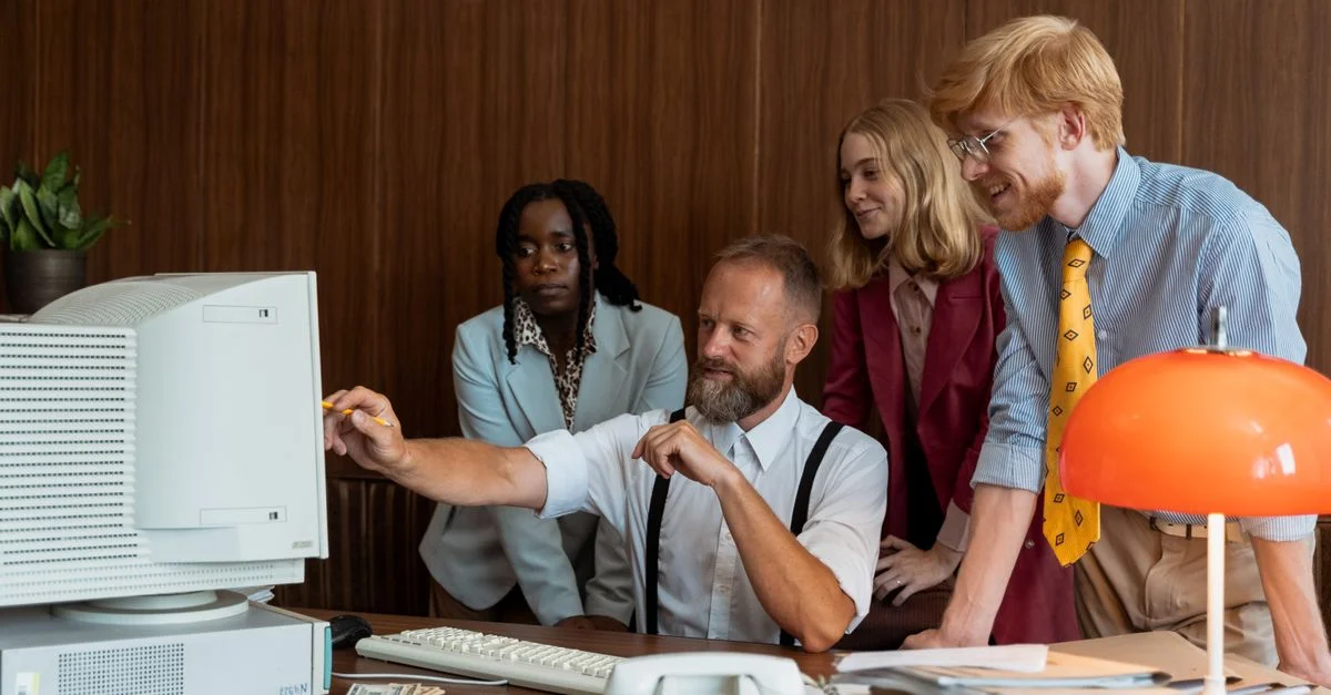 Groupe divers de collègues travaillant ensemble dans un bureau avec un ordinateur vintage.