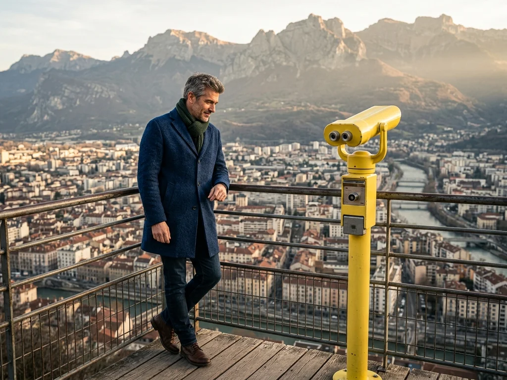 Un professionnel contemple Grenoble depuis les sommets, illustrant la domination du référencement local en Isère.
