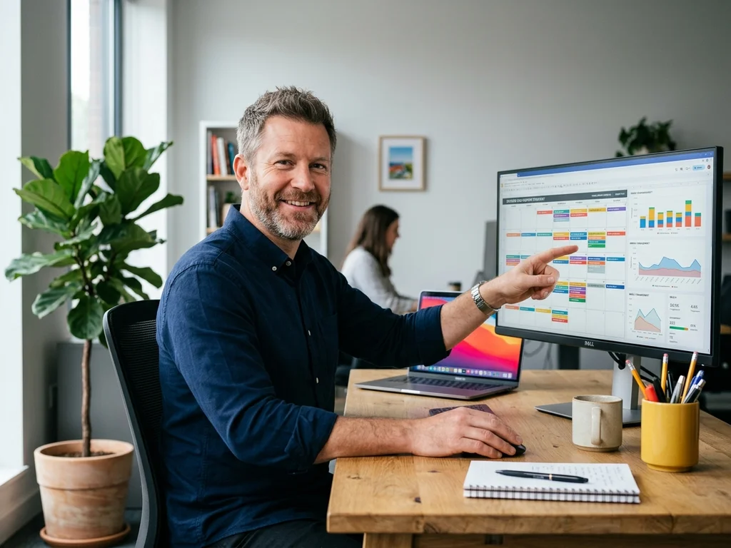 Stratège SEO analysant un calendrier éditorial sur écran pour optimiser la création de contenu web.
